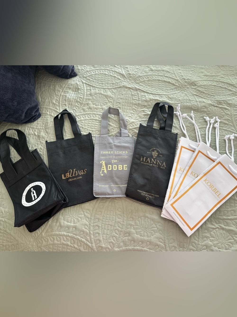 Assorted Reusable Wine Tote Carrier Set of 4 & 3 paper Korbel gift bags